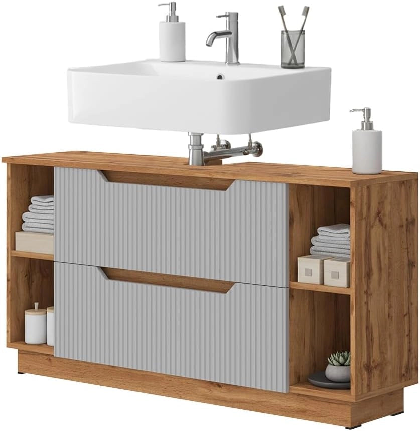 Mobile sottolavabo per bagno Lotta, Rovere/grigio a righe, 119.2 x 62.5 cm con 2 cassetti