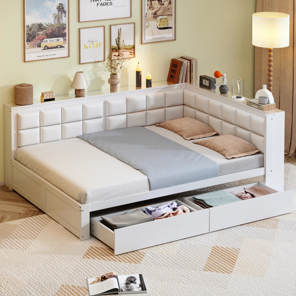 OKWISH Letto divano 140×200 cm, Letto Matrimoniale con 2 Cassetti, Schienale Imbottito e Mensole, senza Materasso, in Legno, Bianco