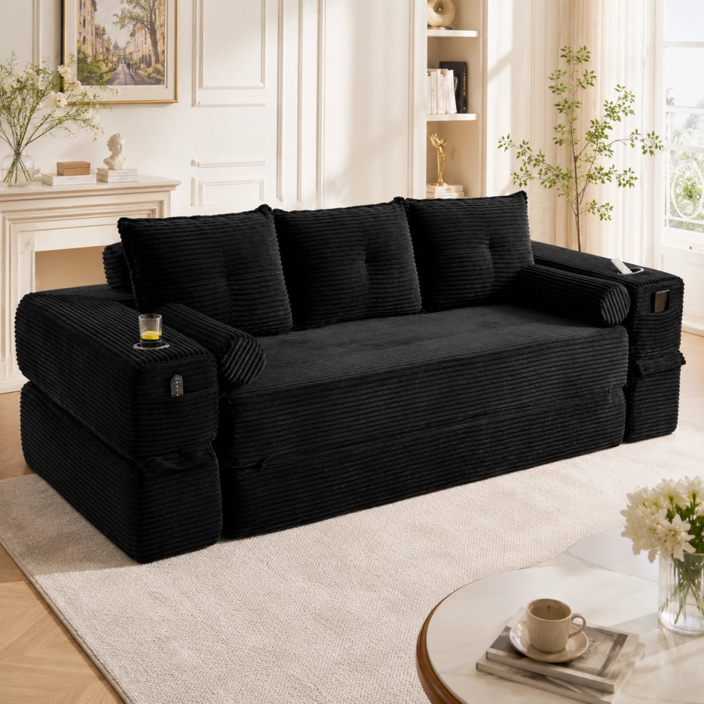 Divano letto multifunzionale in corduroy nero, 3 posti, con tasche laterali e portabicchieri, 232x98x80 cm