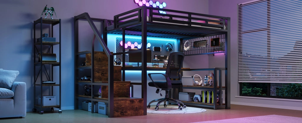 DESMIU Letto a soppalco 140 × 200 cm 2 posti con scrivania, LED regolabile, USB, Type-C e scaffale, senza materasso