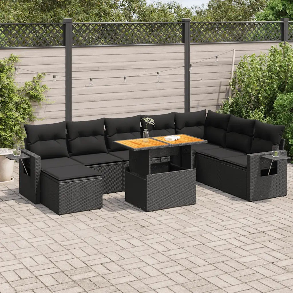vidaXL Set Divani da Giardino 9 pz con Cuscini Nero in Polyrattan