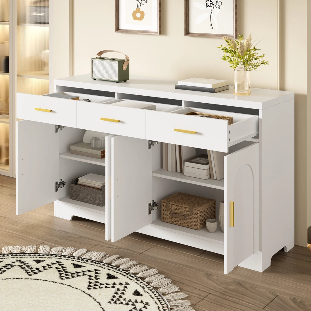Credenza con 4 ante ad arco, 3 cassetti e ripiani regolabili, per soggiorno, in MDF bianco 140 × 40 × 83 cm