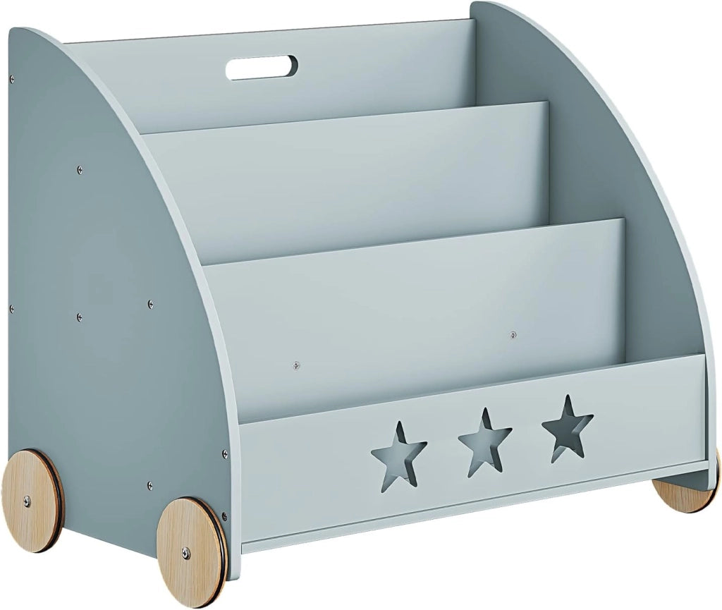 Libreria Piccola in Legno per Bambini, Scaffale Porta Giochi con Contenitore e Ruote, Organizzatore per Cameretta, Grigio 62x42x57cm