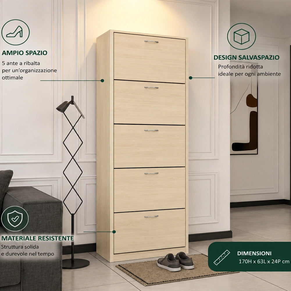 Scarpiera 5 Ripiani 63x24x170 cm con Maniglia Porta Scarpe Salvaspazio Olmo