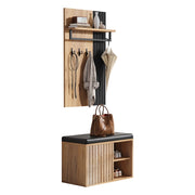 Mobile da Ingresso con 2 Ante; 3 Ganci e Panca Portascarpe Imbottita per Corridoio in Pannello di Particelle 70 × 36 × 146 cm Nero e Naturale
