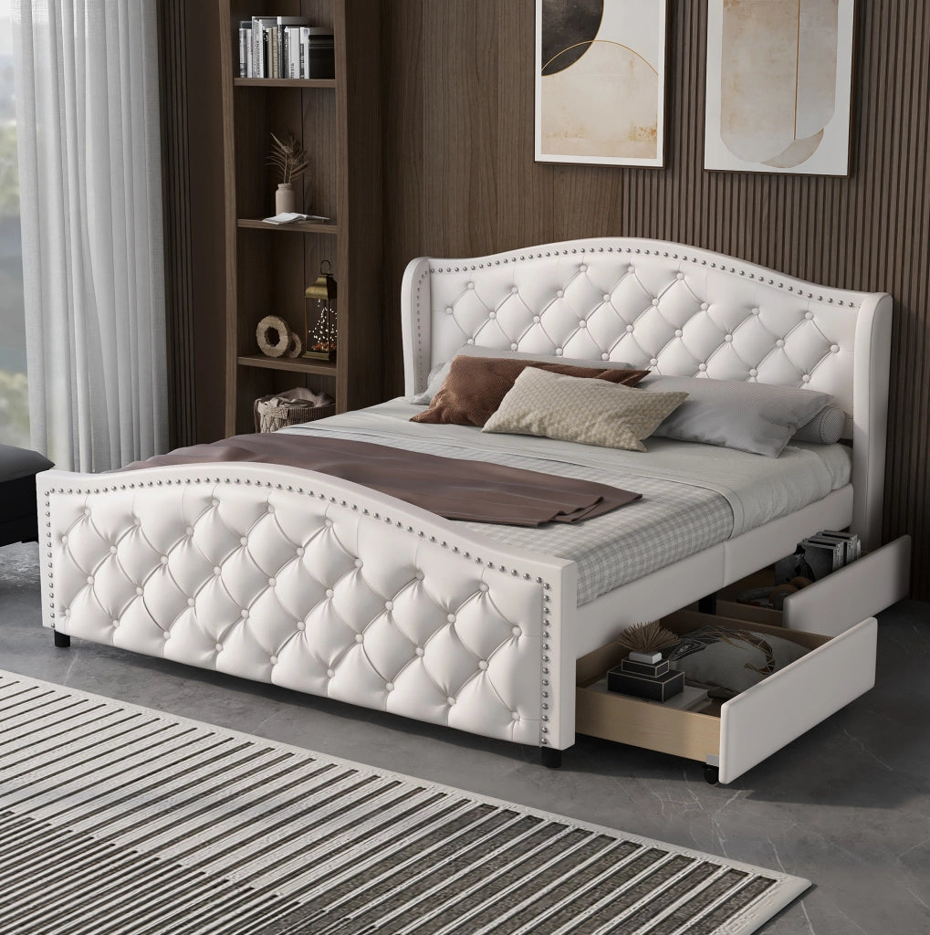 Letto matrimoniale imbottito 160x200 cm con 2 cassetti, bianco
