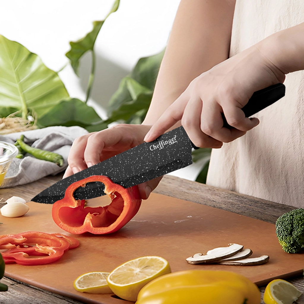 Set di 4 coltelli da chef da cucina Rivestimento in marmo con affilatore Nero Cheffinger