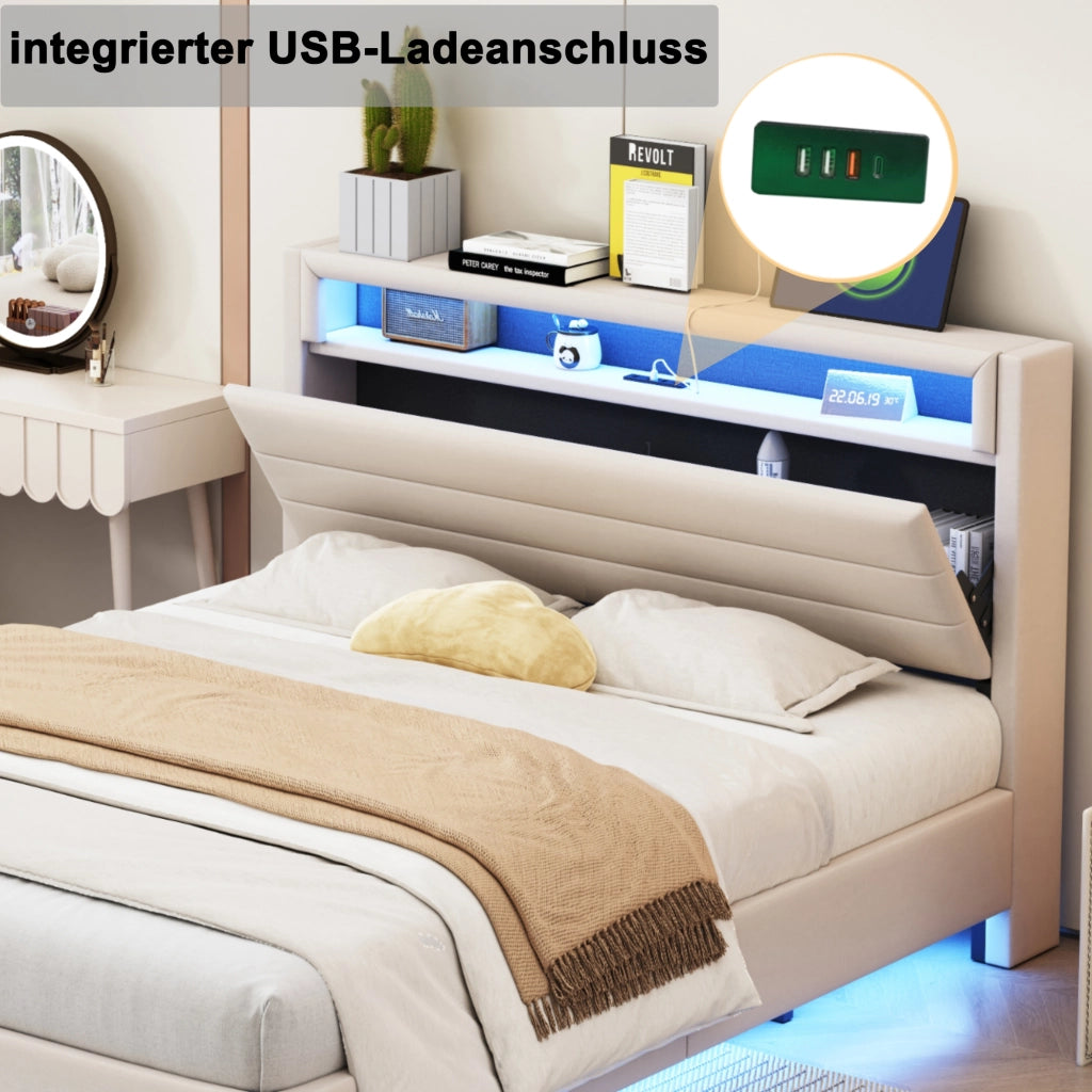 OKWISH Letto Imbottito 160×200 cm, Letto Matrimoniale con Presa USB, LED Regolabile e Testiera Reversibile, senza Materasso, Beige