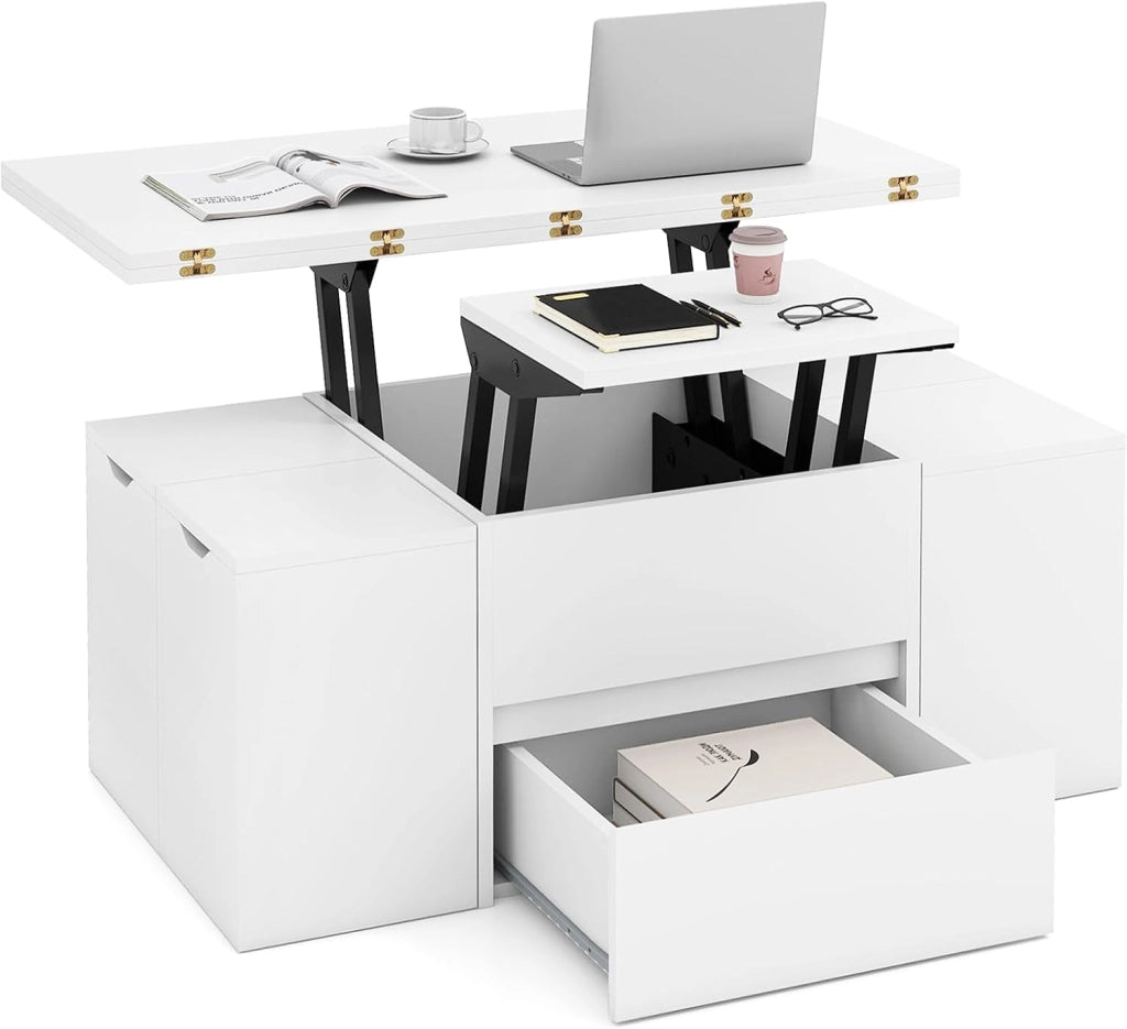 Tavolino con Piano Sollevabile e Pieghevole, Tavolino da Salotto 3 in 1 con 4 Sgabelli Contenitori, Scomparto Nascosto e Cassetto, Tavolo Rettangolare per 4-8 Persone (Nero)