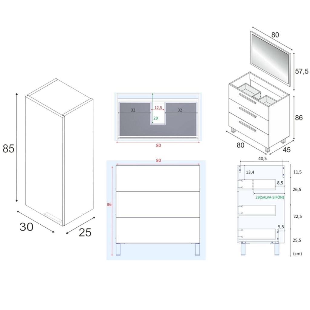 Tavoleto, set Mobili Bagno Specchio Incluso, Bianco Lucido
