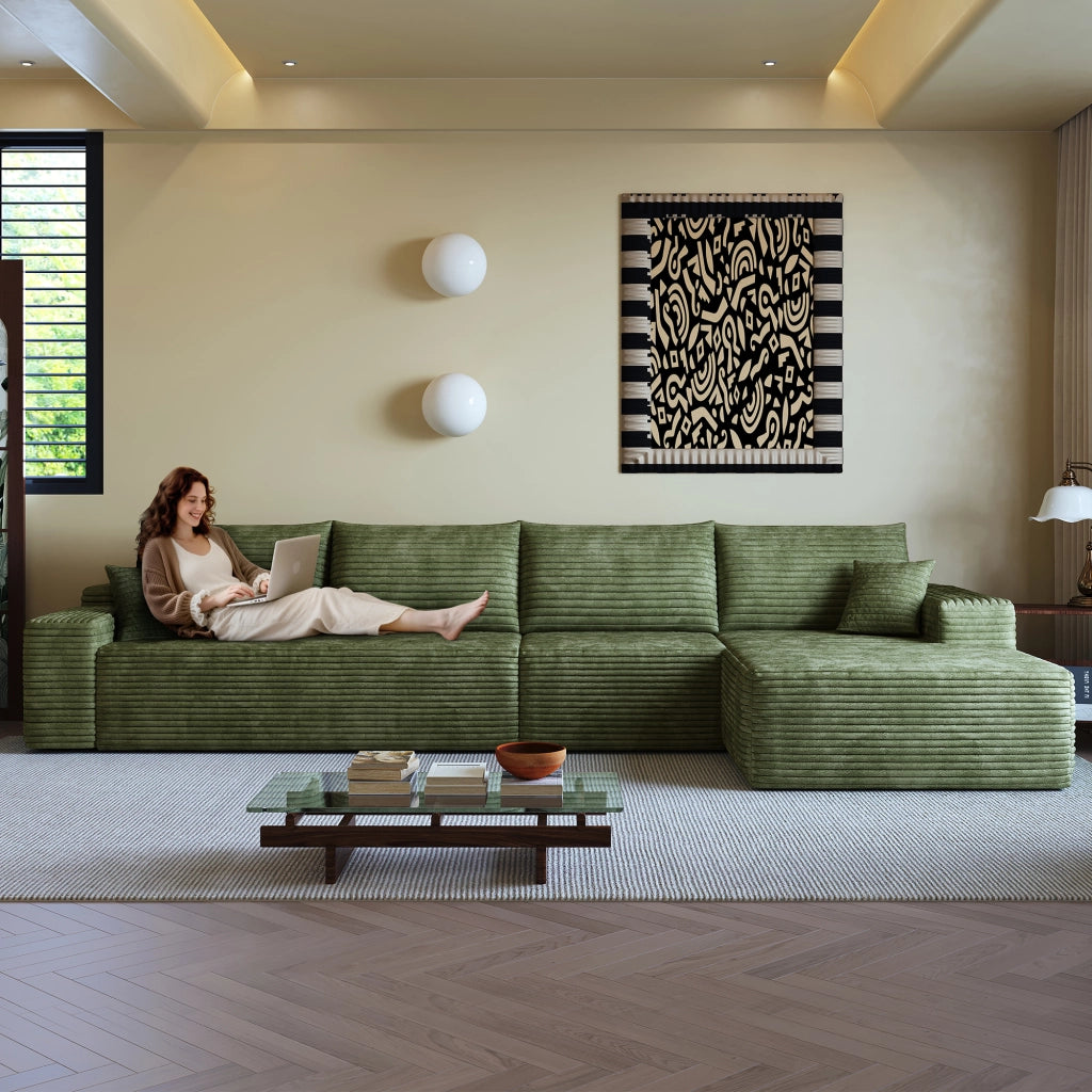Divano d'angolo modulare con chaise longue e imbottitura in schiuma ad alta elasticità in velluto a coste verde 270 × 175 × 83 cm