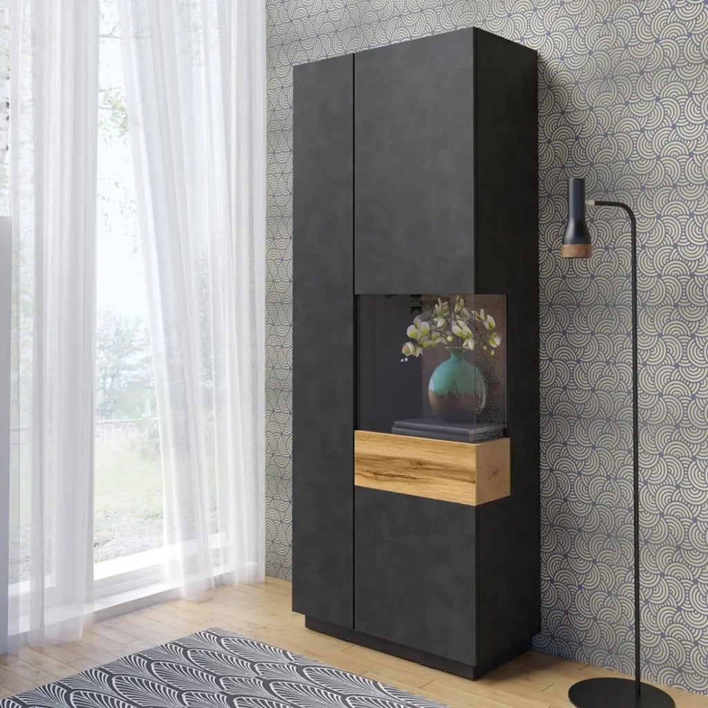 Vetrina collezione KILES colore grigio antracite e rovere. Modello vetrina a destra.