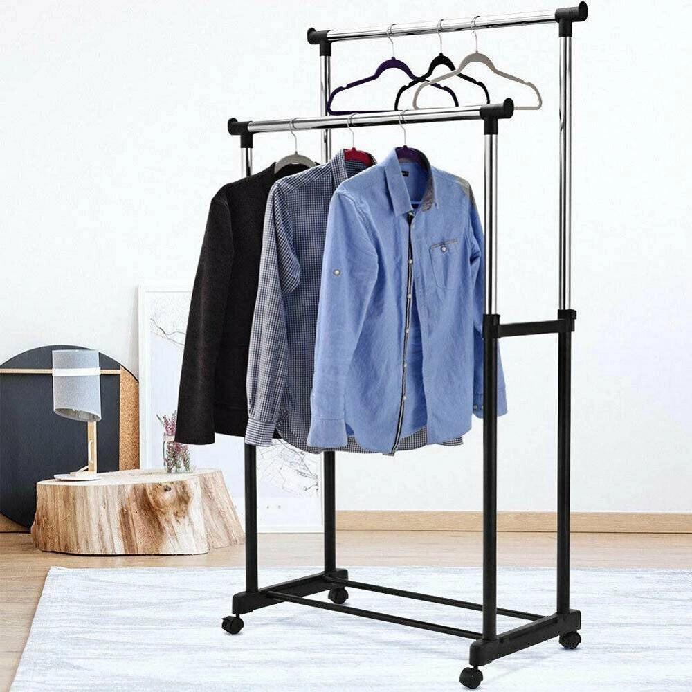 Trade Shop - Stand Appendiabiti Doppio Con Ruote Stender Regolabile In Altezza 80x40x160 Cm -