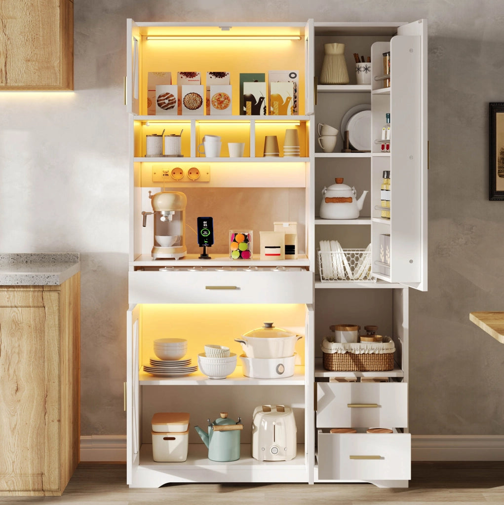 Credenza 105x40x185 cm con LED multicolore e prese; in MDF bianco