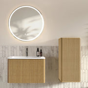 Armadietto da bagno sospeso con lavabo, specchio LED e armadietto laterale, per bagno, in rovere, 60 cm