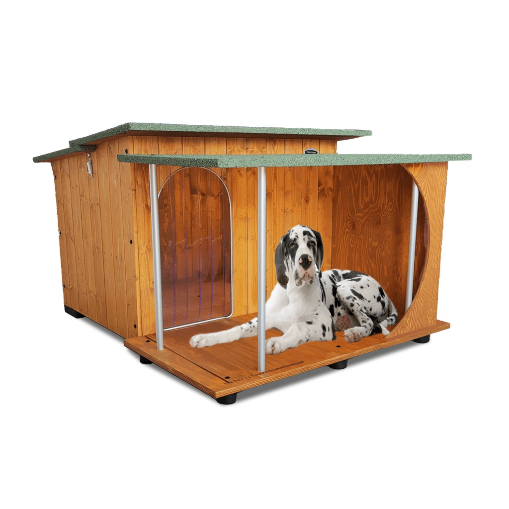 CUCCIA IN LEGNO PER CANI DA ESTERNO MODELLO ITALY CON VERANDA E-ALANO CON "TENDINA OMAGGIO" L.121 x P.140 x H.86
