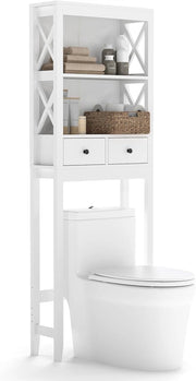 Mobile Sopra Lavatrice, Armadietto da Bagno Indipendente Alto 165 cm con Ripiani Aperti, Cassetti e Barra Inferiore Regolabile, Mobile Sopra WC Salvaspazio, 60 x 20,5 x 165 cm