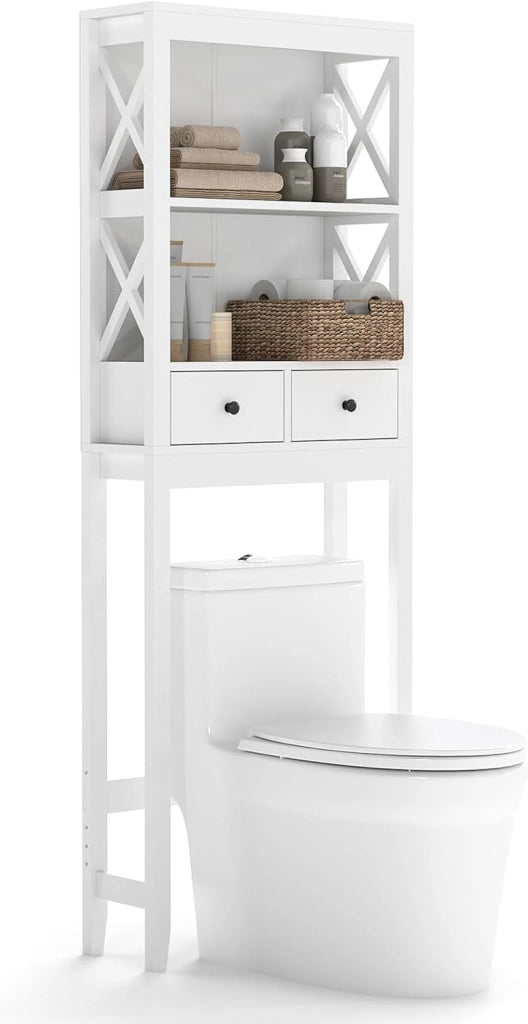 Mobile Sopra Lavatrice, Armadietto da Bagno Indipendente Alto 165 cm con Ripiani Aperti, Cassetti e Barra Inferiore Regolabile, Mobile Sopra WC Salvaspazio, 60 x 20,5 x 165 cm