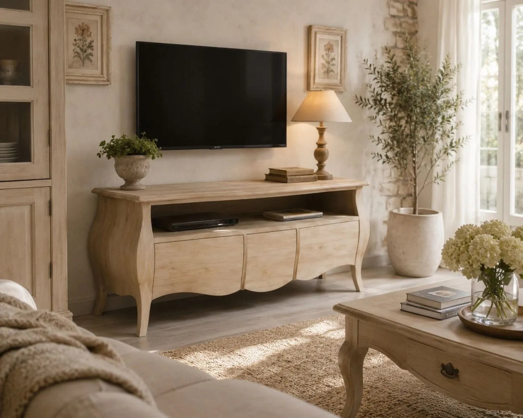 Porta tv  classico in legno bombato 3 cassetti grezzo l.176 p.45 h.62 (3268) - Mobili 2G