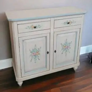 Credenza napoletana in legno bianco anticato decorata filo azzurro