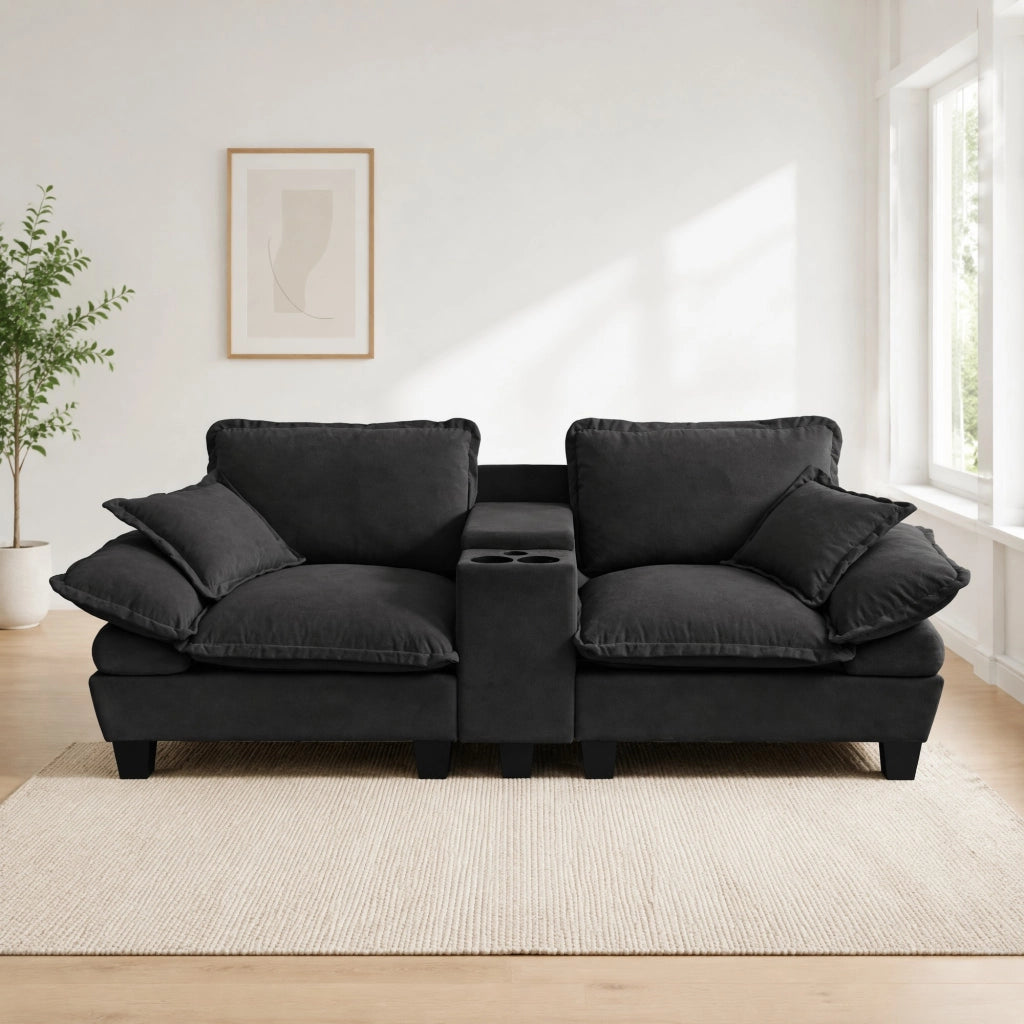 Divano modulare con vano contenitore, portabicchieri e porte USB, in ciniglia nero, 224 × 82 × 90 cm