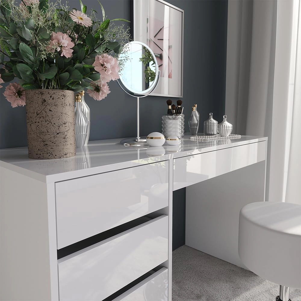 Tavolo da toeletta Sherry, Bianco/bianco lucido, 119.8 cm con sgabello