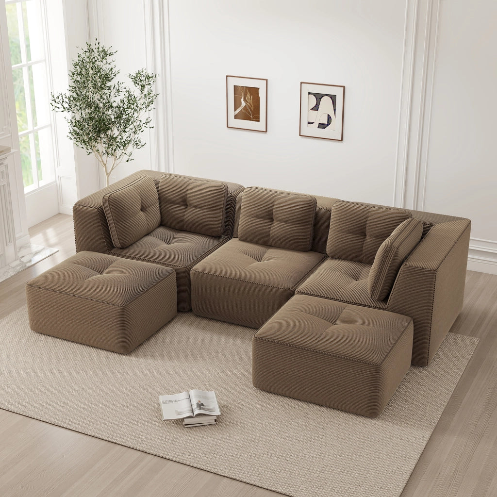 Divano angolare modulare senza struttura con seduta profonda e comfort avvolgente in velluto a coste marrone