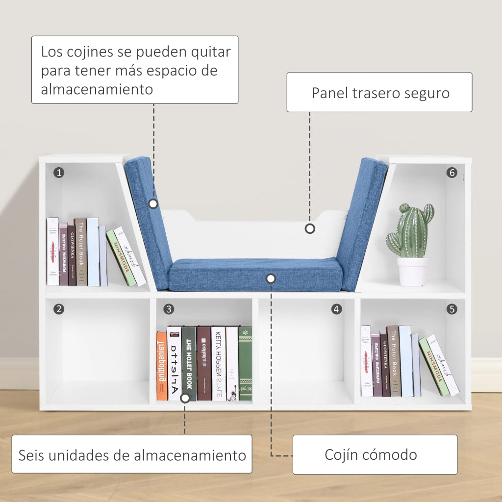 Libreria con seduta scaffale 6 cubi ¨C zephmum ¨C 102x30x61 cm bianco e blu