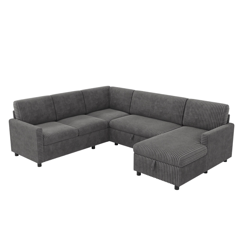 Divano letto angolare a U in velluto a coste grigio con contenitore