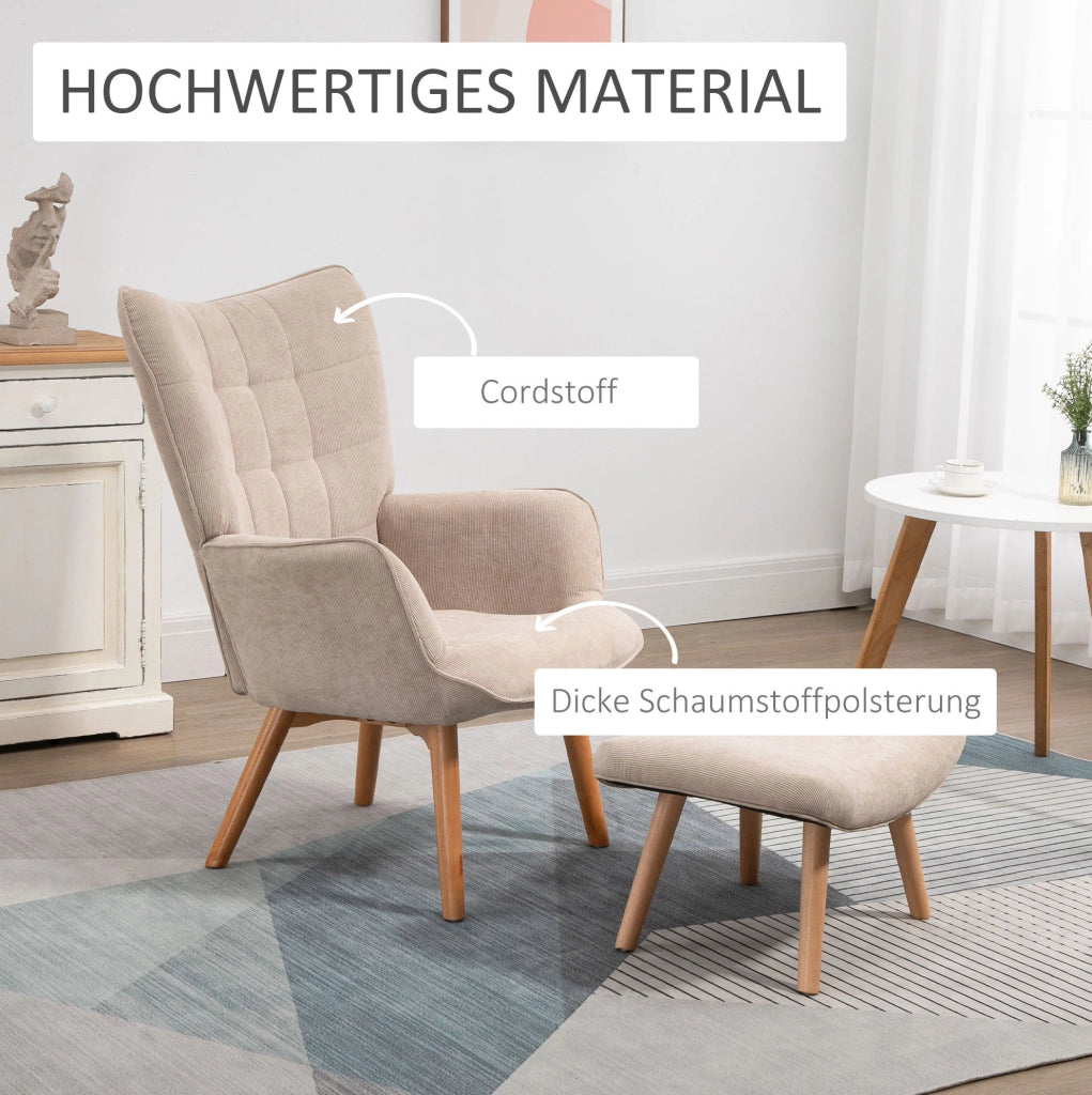 Poltrona relax beige in velluto a coste con pouf
