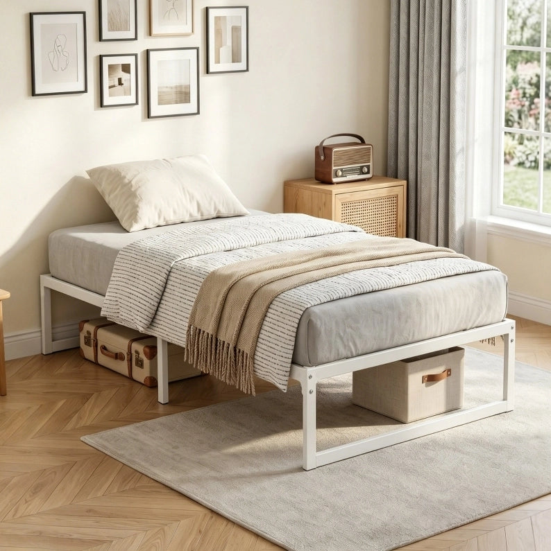 Letto singolo 200;5x90;6x32;5 cm senza testiera con spazio contenitore in metallo bianco