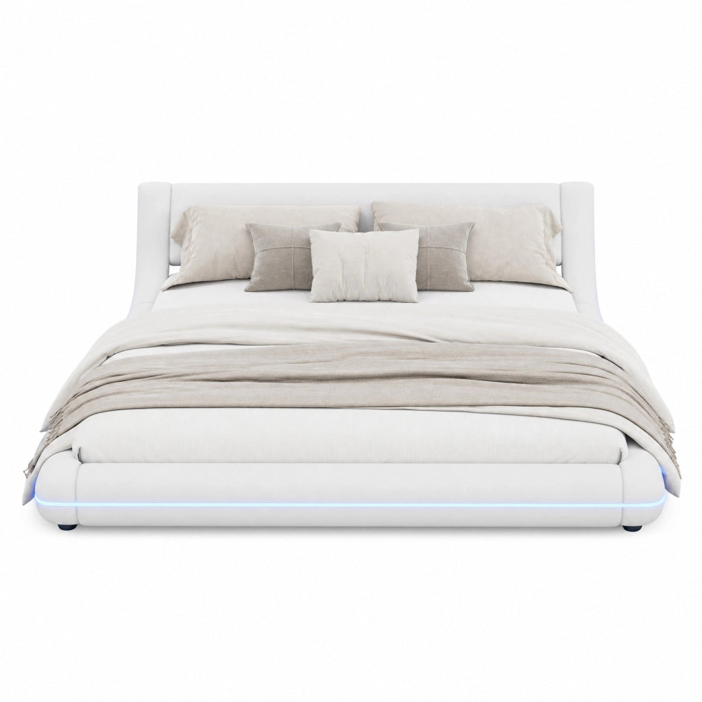 Letto a pavimento 160x200 cm con luci LED; PU e MDF bianco