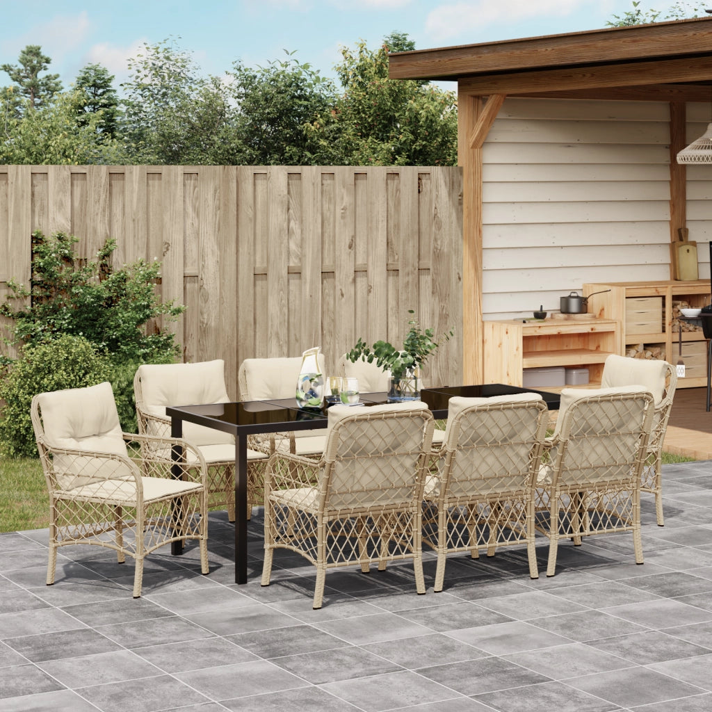Set da Pranzo da Giardino 9 Pezzi con Cuscini Beige Rattan Polimerico