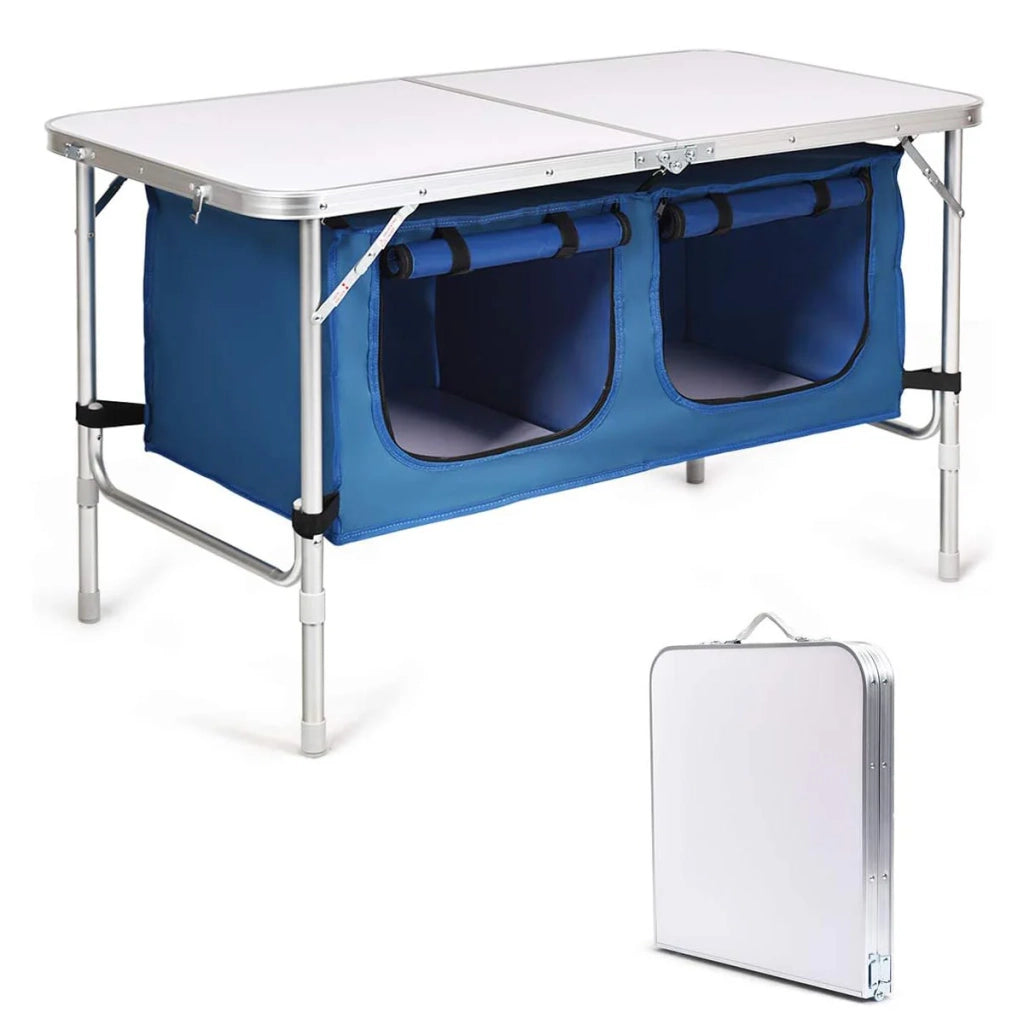 Tavolo da campeggio pieghevole 120 x 60 x 54/71 cm 2 altezze regolabili design multifunzionale alluminio blu 20_0013915