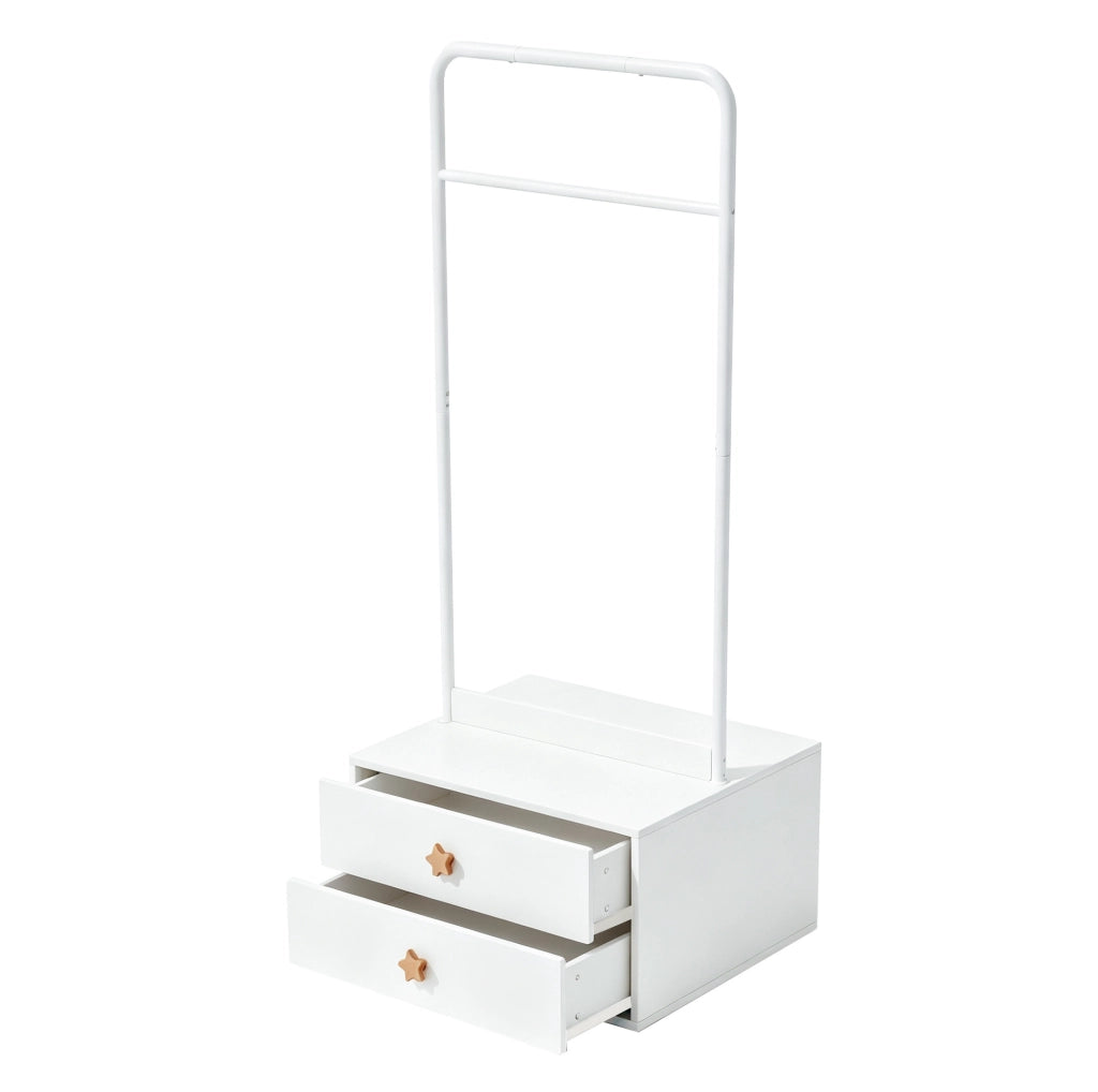 Appendiabiti per bambini con 2 cassetti; barra appendiabiti e pomelli a stella; bianco 70x55x168 cm