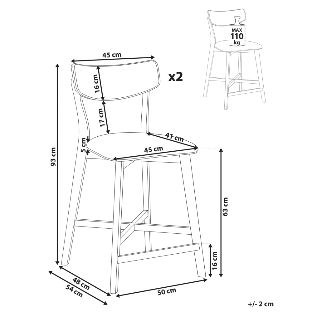 Set di 2 sedie da bar con struttura in legno di gomma marrone e bianco sporco seduta in tessuto senza braccioli design retrò