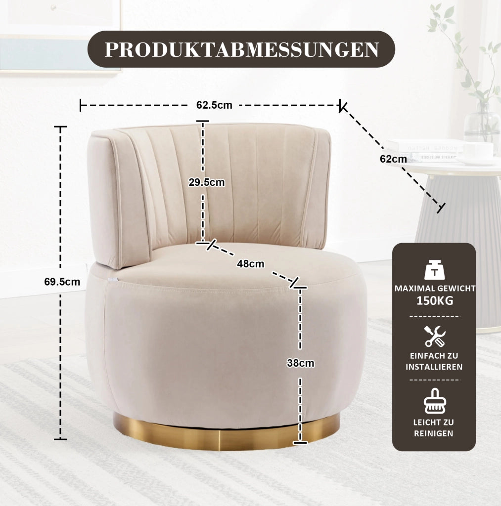 Sedia girevole a 360° in velluto beige; con schienale ergonomico e base in legno e metallo