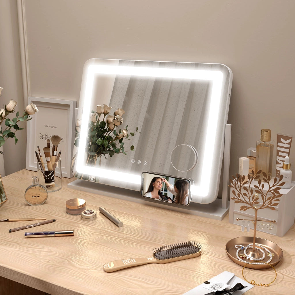 Specchio da Trucco Girevole ¨C Xylo ¨C 58x46 cm con 3 Modalit¨¤ di Illuminazione e Ingrandimento