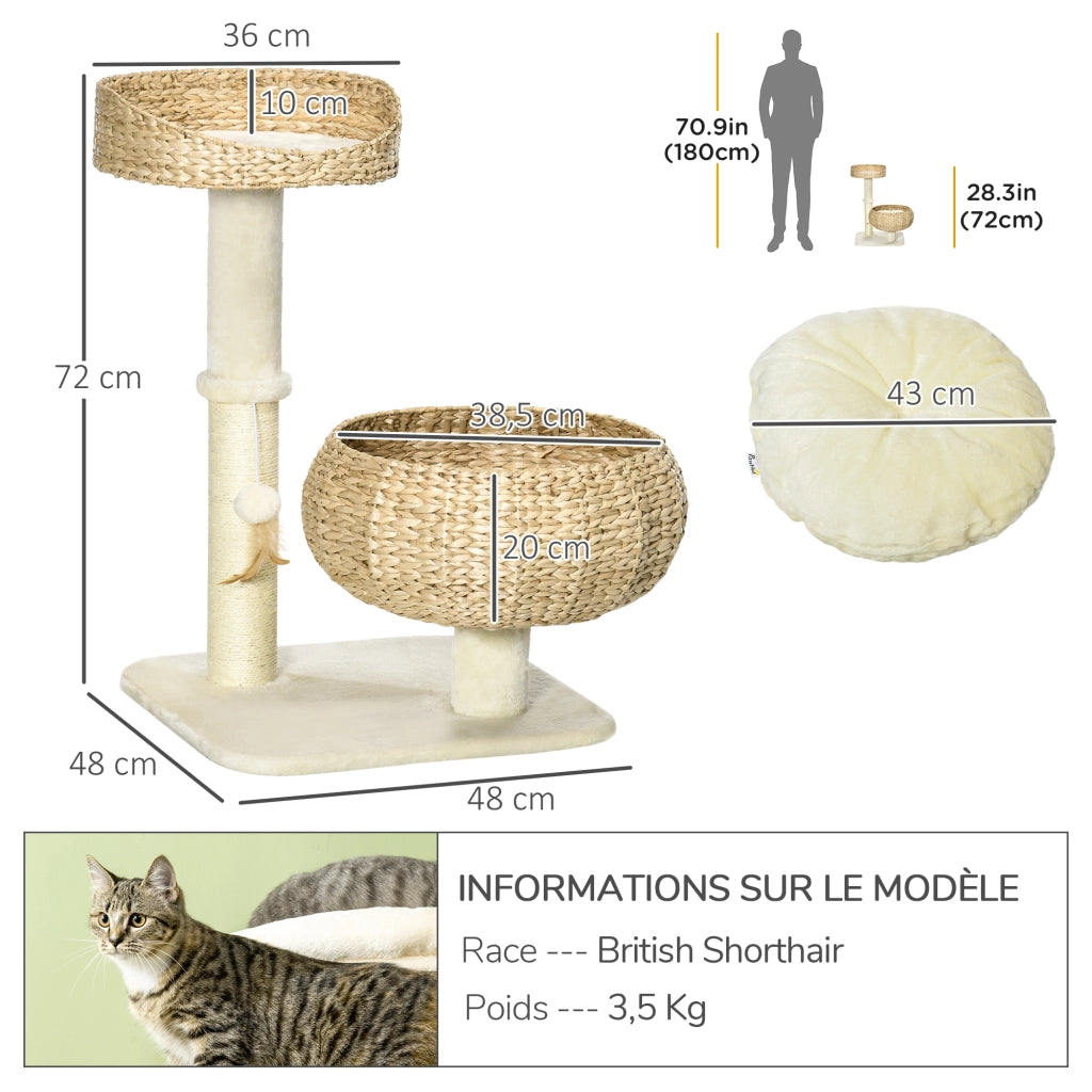 Tiragraffi per gatti a 2 livelli con palla sospesa ¨C zephmum ¨C grigio, sisal, 72x40x40 cm