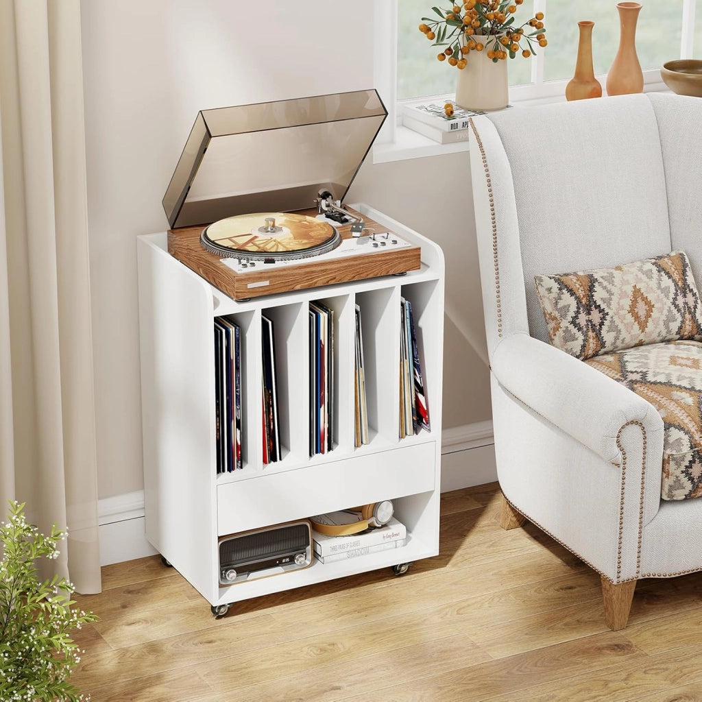 Mobile Porta Vinili con 4 Ruote Universali, Porta Dischi Vinile con Cassetto, Scomparto Aperto e Gancio Rimovibile, Mobile Giradischi Salvaspazio per Studio, Ufficio e Soggiorno (Bianco)