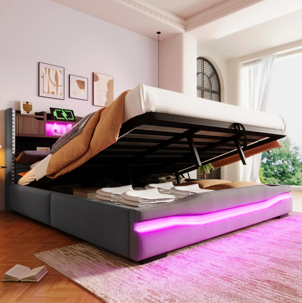 Letto imbottito 180x200 cm con LED, USB-C e vano contenitore