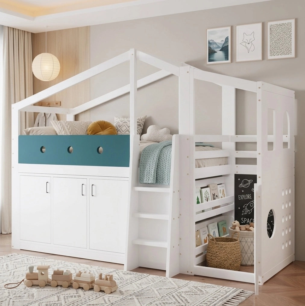 Letto a soppalco semialto 90x200 cm a forma di casa con armadio e area gioco bianco