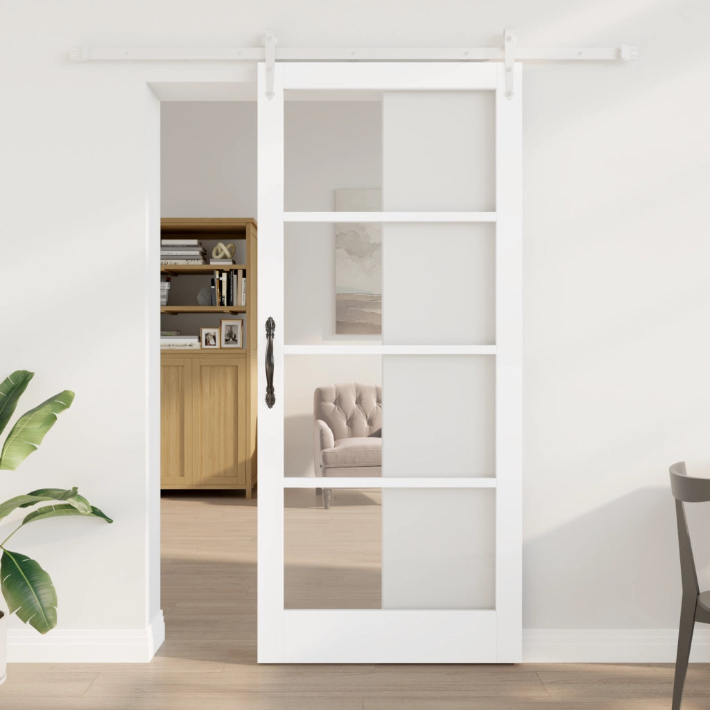 Set di Porta Scorrevole  con Accessori Bianchi 93x211 cm Legno Massello Pino