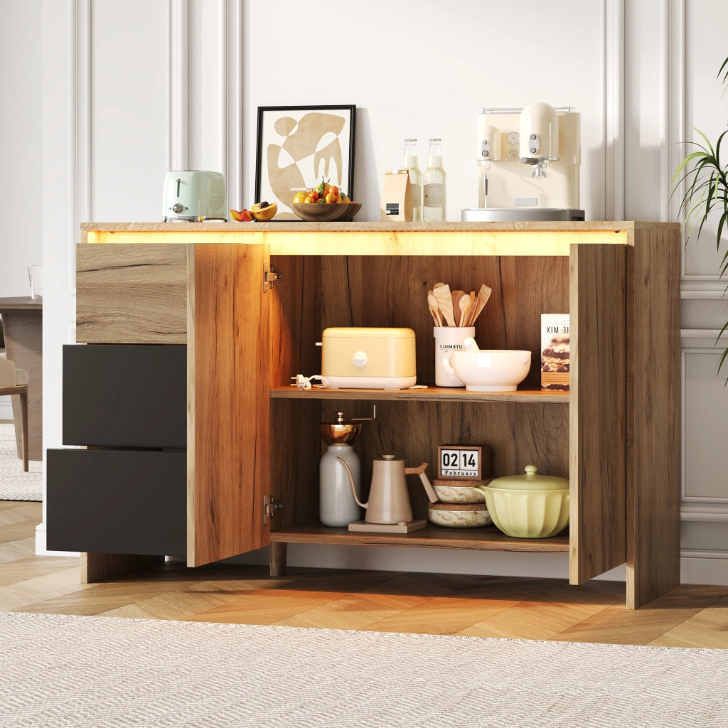 Credenza, 3 cassetti, illuminazione a LED, 120 x 76 x 40 cm, color legno naturale e nero