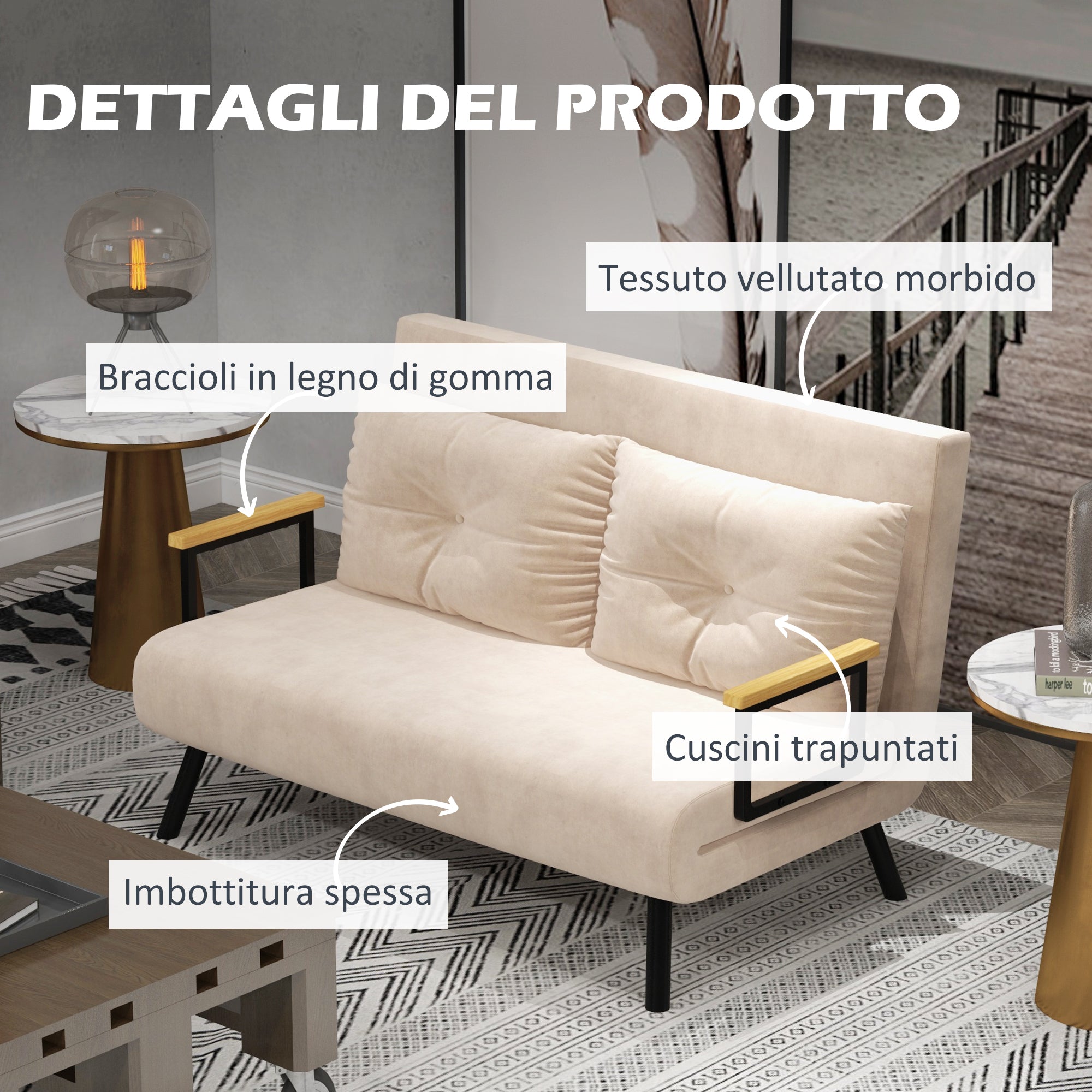 Divano Letto 3 in 1 con Schienale Regolabile e 2 Cuscini 102x73x81 cm in Tessuto Effetto Velluto Beige