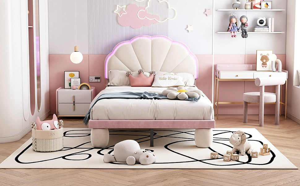 DESMIU Letto per bambini singolo con LED multicolore cangiante e testiera ondulata, 90 × 200 cm, senza materasso