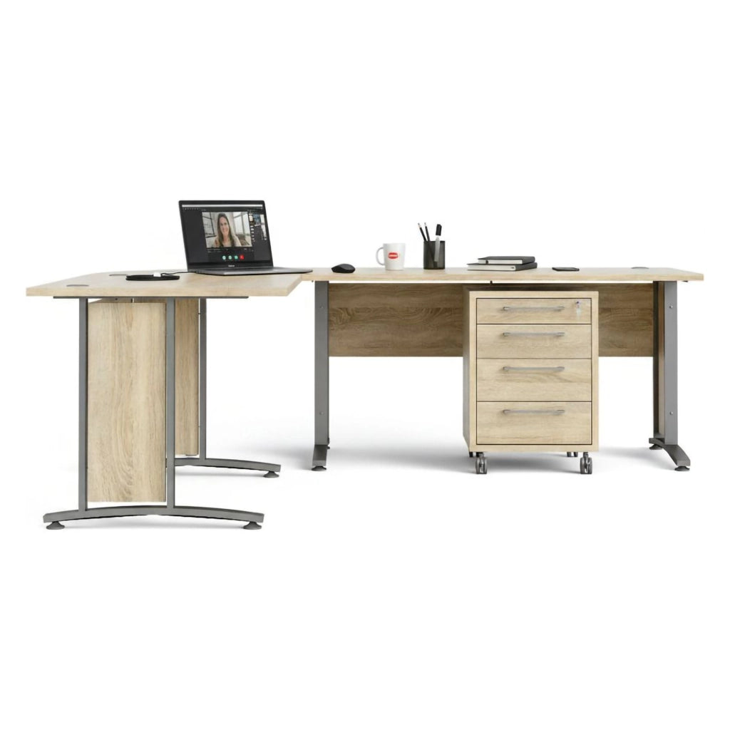 Scrivania Agerato, Scrittoio multiuso, Tavolo per ufficio porta PC, Piano di lavoro, 230x200 h75 cm, Grigio e Quercia