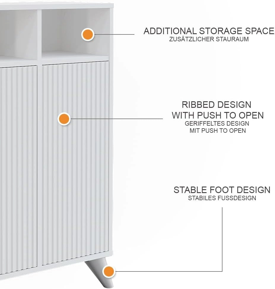 Mobiletto midi Leano, Bianco, 60 x 97 cm con 2 porte, adatto per la conservazione di articoli da bagno e asciugamani