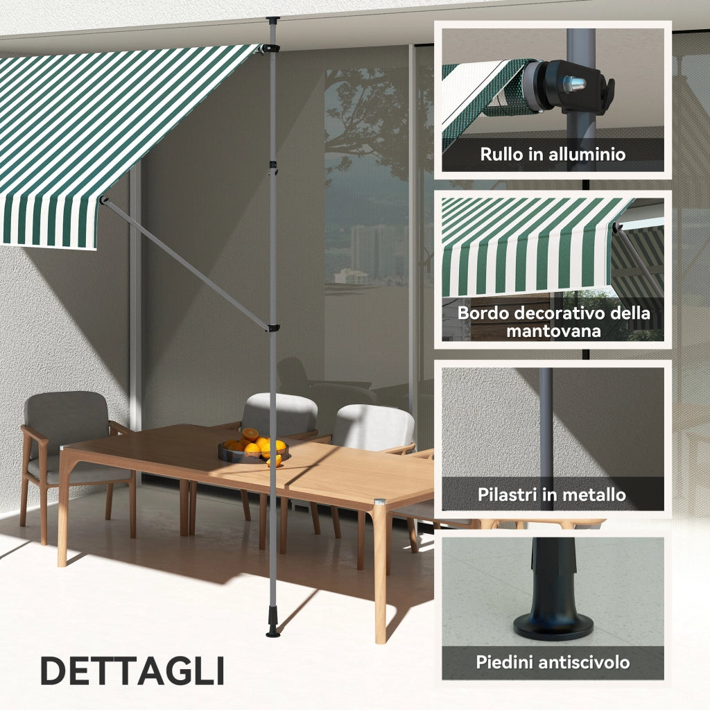 Tenda da Sole 2x1.2 m con Supporti Regolabili e Manovella, in Alluminio, Metallo e Poliestere, Verde e Bianco