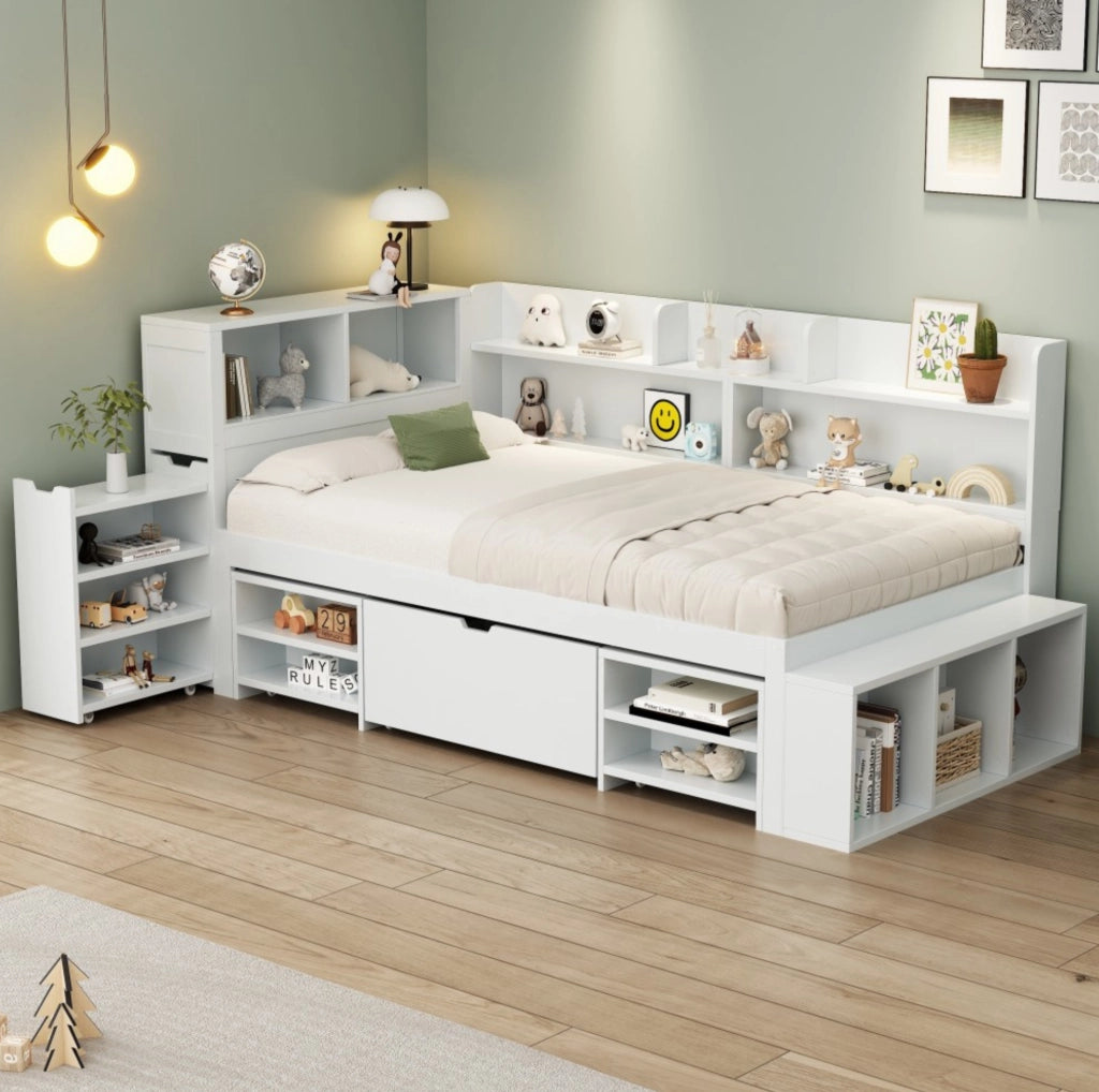 Letto per bambini 90x200 cm multifunzione con ripiani e cassetti; compensato bianco (Senza materasso)